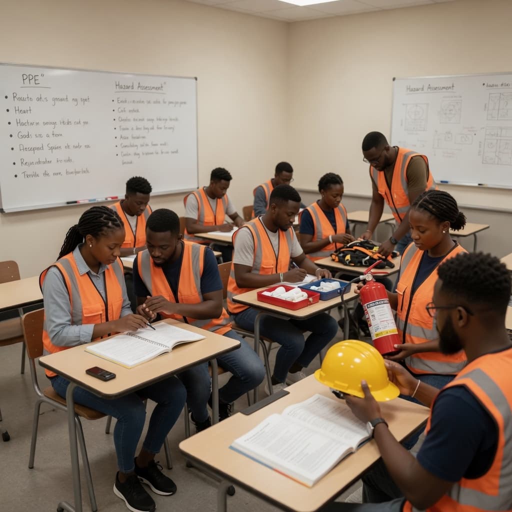 Learners in high-visibility vests during a safety class